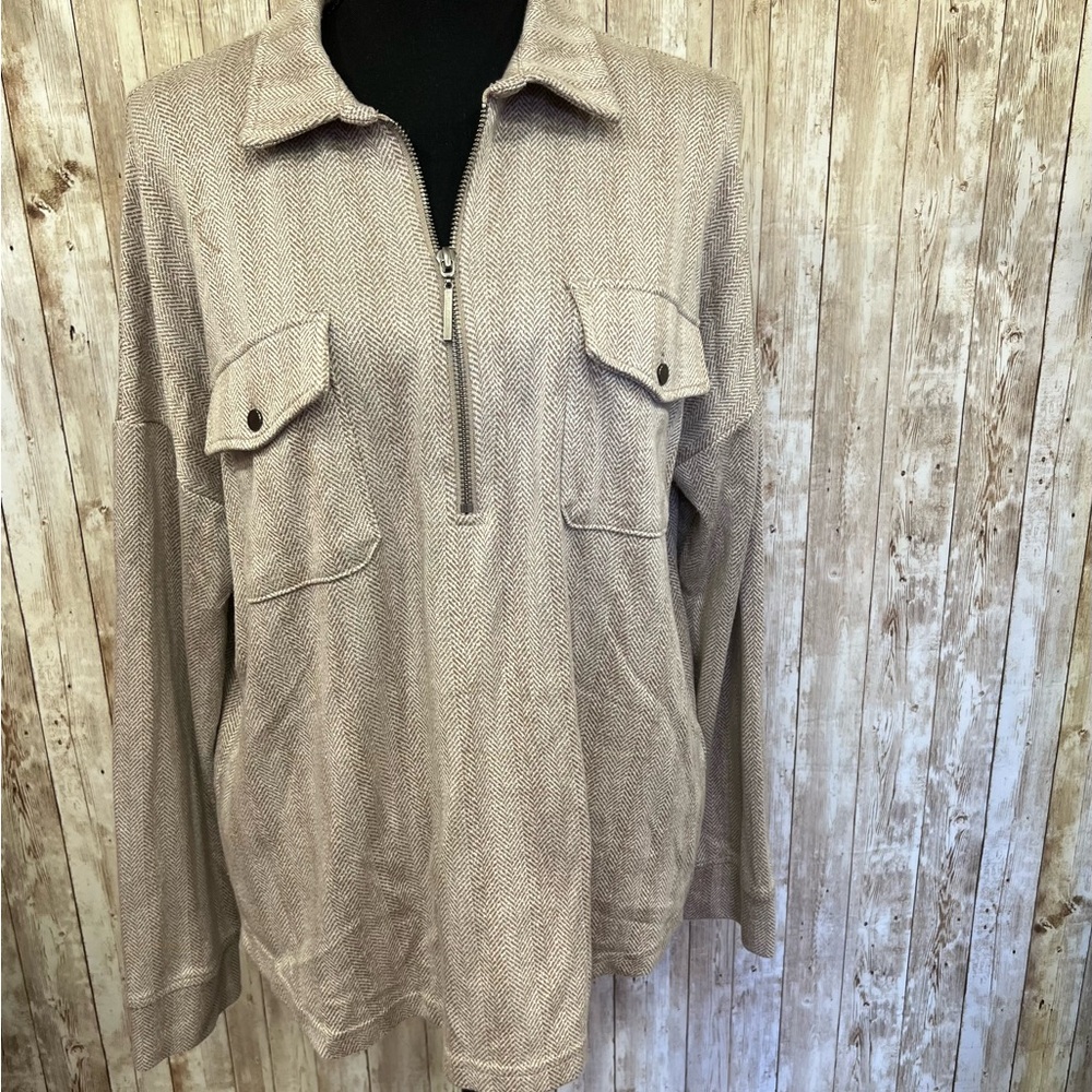 Cable & Gauge Tan Zip Up Sweater‎ with Collared Neckline